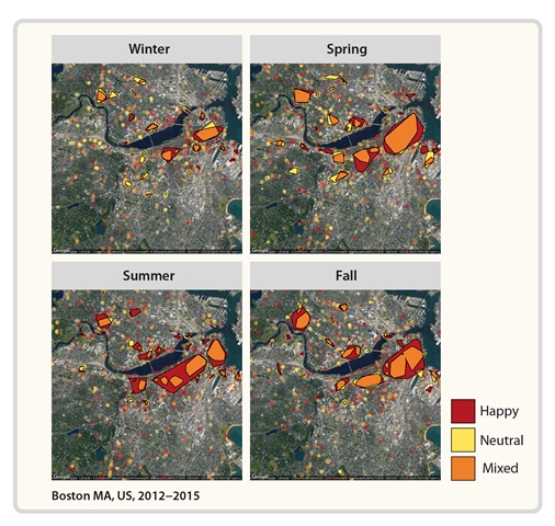   איור מהמחקר: מיפוי אזורים מעוררי שמחה בעונות שונות בעיר בוסטון